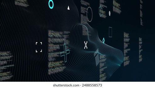 Image of rotating shapes and network wave over data processing on black background. Connection, data, processing, digital interface and communication, digitally generated image.