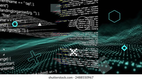 Image of rotating shapes over blue network waves and data processing on black background. Connection, data, ai, processing, digital interface and communication, digitally generated image.