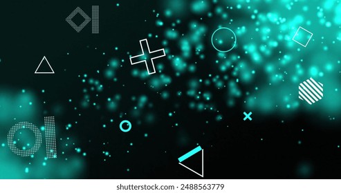 Image of rotating shapes over glowing blue light particles on black background. Connection, data, ai, processing, digital interface and communication, digitally generated image.