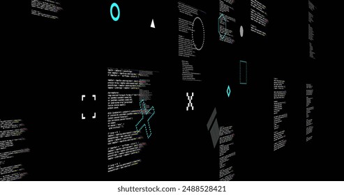 Image of rotating shapes over text data files processing on black background. Connection, data, processing, digital interface and communication, digitally generated image.