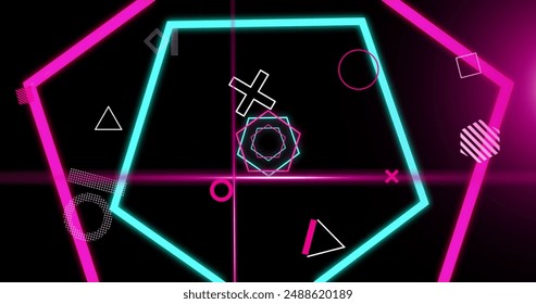 Image of rotating shapes and pink and blue hexagons with pink scanner beams on black background. Connection, data, processing, digital interface and communication, digitally generated image.