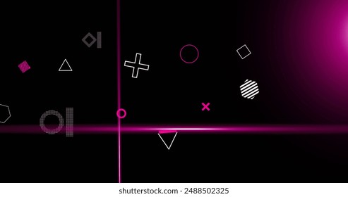 Image of rotating shapes and pink scanner beams processing on dark background. Connection, data, processing, digital interface and communication, digitally generated image.