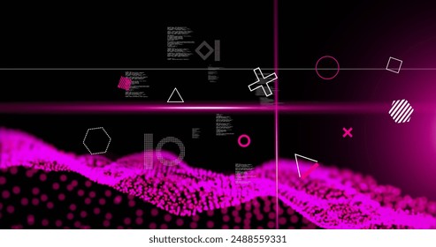 Image of rotating shapes, pink scanner beams and network waves over processing data, on black. Connection, data, ai, processing, digital interface and communication, digitally generated image.
