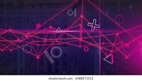 Image of rotating shapes processing data over glowing red network on dark background. Connection, data, processing, digital interface and communication, digitally generated image.