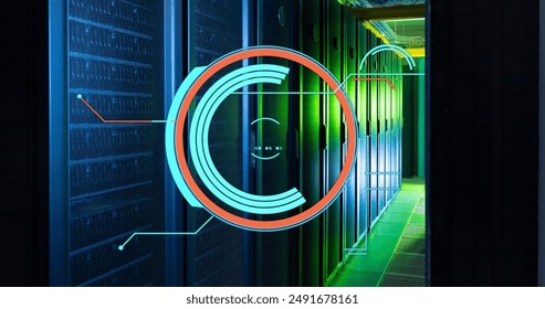 Image of round scanner against computer server room. Computer interface and business data storage technology concept
