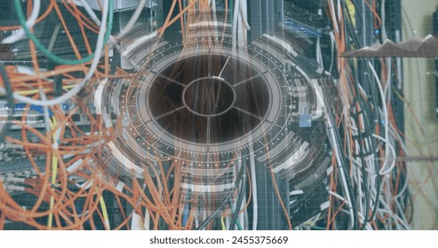Image of round scanner and data processing and round scanner over close up of a computer server. Computer interface and business data storage technology concept