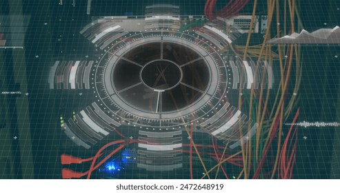 Image of round scanner and data processing over close up of a motherboard. Computer interface and business technology concept