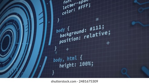 Image of round scanner, data processing and microprocessor connections on blue background. Computer interface and business technology concept