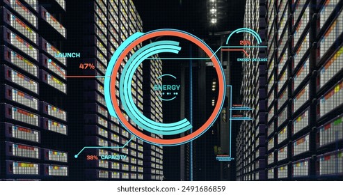 Image of round scanner and data processing against computer server room. Computer interface and business data storage technology concept