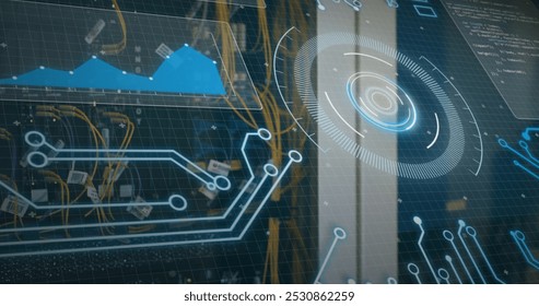 Image of round scanner and data processing over server room. computer interface and business data storage technology concept
