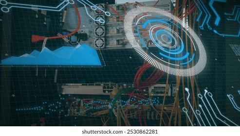 Image of round scanner and data processing over close up of a computer server. Computer interface and business data storage technology concept