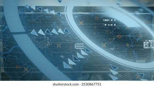 Image of round scanner and data processing over world map against blue background. Computer interface and business data storage technology concept