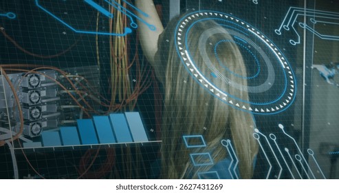 Image of round scanner and data processing over caucasian female engineer working at server room. Computer interface and business data storage technology concept