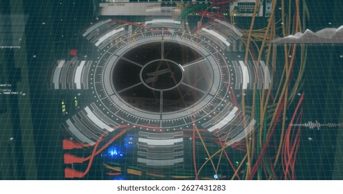 Image of round scanner and data processing over close up of a computer server. Computer interface and business data storage technology concept