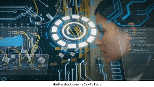 Image of round scanner and data processing over female engineer working at server room. Computer interface and business data storage technology concept