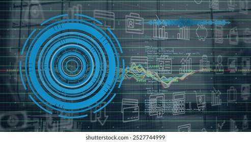 Image of round scanner, digital icons and data processing against time-lapse of people walking. Computer interface and business technology concept