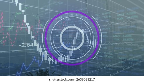 Image of round scanner and financial data processing against aerial view of cityscape. Global finance and business technology concept