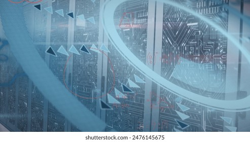 Image of round scanner and mathematical equations against computer server room. Computer interface and business data storage technology concept