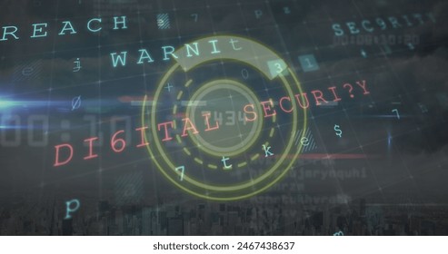 Image of round scanner over cyber security data processing against aerial view of cityscape. Cyber security and business technology concept