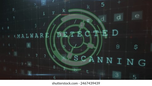 Image of round scanner over cyber security data processing against black background. Cyber security and business technology concept