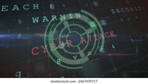 Image of round scanner over cyber security data processing against black background. Cyber security and business technology concept
