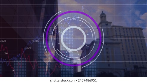 Image of round scanner and statistical data processing against tall buildings. Computer interface and business data technology concept