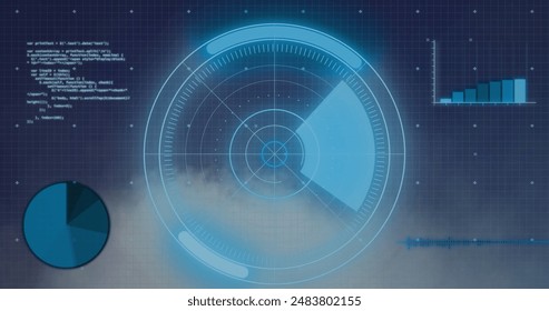 Image of round scanner and statistical data processing over grid network against blue background. Computer interface and business technology concept