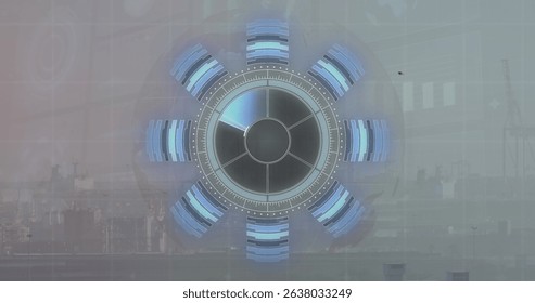 Image of round scanner and statistical data processing against aerial view of cityscape. Global finance and business technology concept