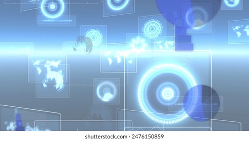 Image of round scanners and data processing against glowing light trail on blue background. Computer interface and business technology concept