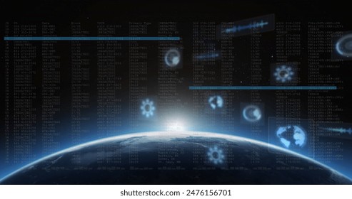 Image of round scanners and data processing against glowing light spot over globe. Global networking and business interface technology concept