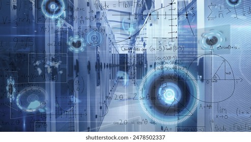 Image of round scanners, data processing and mathematical equations against computer server room. Computer interface and business data storage technology concept