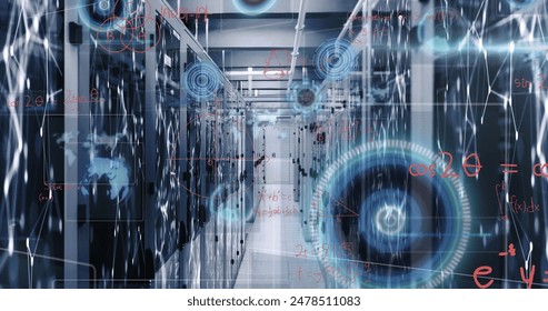 Image of round scanners and data processing against network of connections over server room. Computer interface and business data storage technology concept