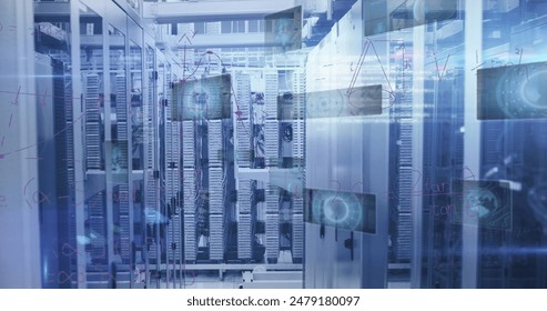 Image of round scanners, data processing and mathematical equations against server room. Computer interface and business data storage technology concept