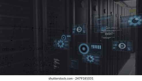 Image of round scanners, data processing and mathematical equations against server room. Computer interface and business data storage technology concept