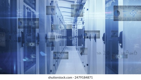 Image of round scanners, data processing and mathematical equations against server room. Computer interface and business data storage technology concept