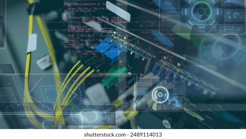 Image of round scanners and data processing against close up of a computer server. Computer interface and business data technology concept