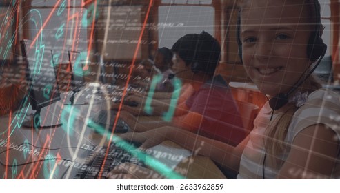 Image of round scanners and data processing against childrens using computer at school. School and education technology concept