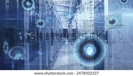 Image of round scanners, data processing and mathematical equations against computer server room. Computer interface and business data storage technology concept
