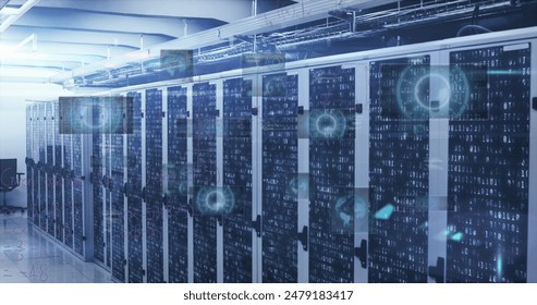 Image of round scanners and mathematical equations against mosaic squares over server room. Computer interface and business data storage technology concept