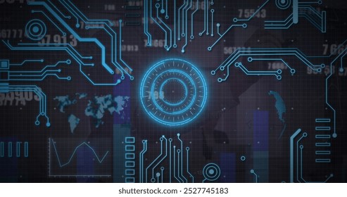 Image of round scanners, microprocessor connections against changing numbers and data processing. Computer interface and business technology concept - Powered by Shutterstock - Get 15% off with code: PIKWIZARD15
