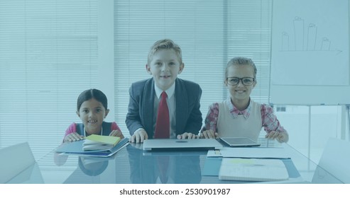 Image of rows of digital file icons over children doing Mexican wave at school. Education business social media network interface concept digital composite.
