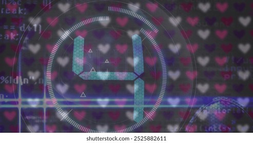 Image of rows of hearts, scope and countdown. Global business, finances, computing and data processing concept digitally generated image. - Powered by Shutterstock