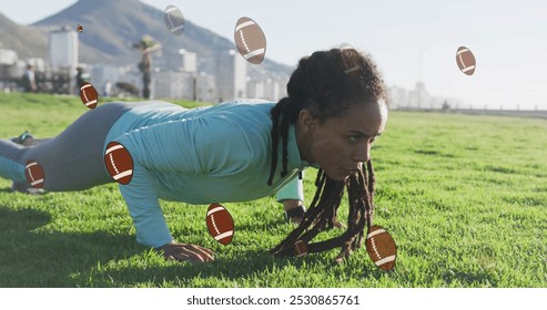 Image of rugby ball icons over biracial woman exercising in park. health and fitness concept digitally generated image. - Powered by Shutterstock