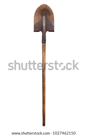 the image rusty old shovel with a wooden handle on a white background