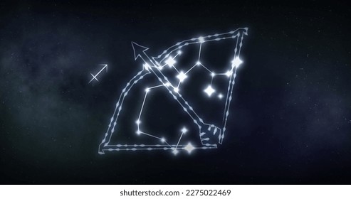 Image of sagittarius sign with stars on black background. Zodiac signs, stars and horoscop concept digitally generated image.
