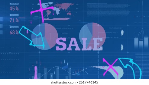 Image of sale text and icons over data processing on blue background. global technology, computing and digital interface concept digitally generated image.
