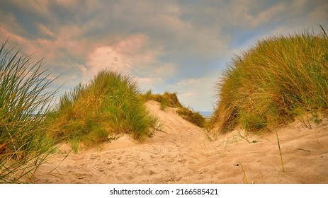 Image of sanddunes with sea in the background, sand and partly cloudy sky. Carteret, Normandy, France