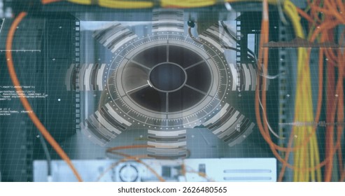 Image of scan scoping over caucasian female server room worker. Global connections, data processing and digital interface concept digitally generated image.