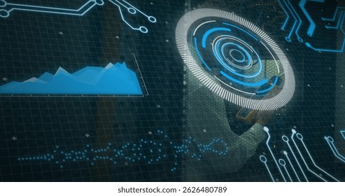 Image of scan scoping over caucasian male server room worker. Global connections, data processing and digital interface concept digitally generated image.