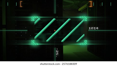 Image of scanner and data processing over server room. Business, technology and digital interface concept digitally generated image.